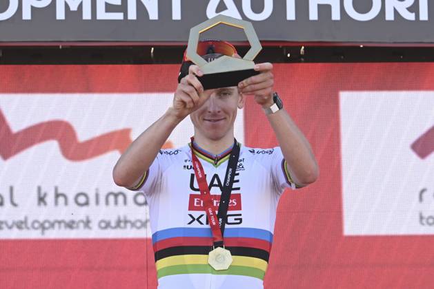 UAE Tour 2025 - Stage 3 JEBEL JAIS, UNITED ARAB EMIRATES - FEBRUARY 19 : Pogacar Tadej (SLO) of UAE Team Emirates pictured during the podium ceremony of Stage 3 of the UAE Tour 2025 cycling race with start in Ras Al Khaimah and finish in Jebel Jais (181km) on February 19, 2025 in Jebel Jais, United Arab Emirates, 19 02 2025 Jebel Jais United Arab Emirates  Copyright: xPeterxDexVoechtx