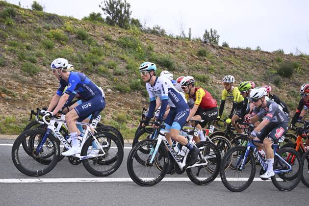 2025 Volta Algarve cycling race - Stage 3 TAVIRA, PORTUGAL - FEBRUARY 21 : Askey Lewis (GBR) of Groupama-FDJ, Olivo Bryan (ITA) of Bahrain Victorious, Cavagna Remi (FRA) of Groupama-FDJ during stage 3 of the 51th edition of the Volta Algarve cycling race, with start in Vila Real Santo Antonio and finish in Tavira on February 21, 2025 in Tavira, Portugal, 21 02 2025 ( Motordriver Kenny Verfaillie - Tavira Portugal Copyright: xTomasxSiskx