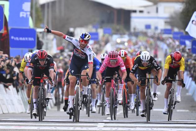 2025 Volta Algarve cycling race - Stage 3 TAVIRA, PORTUGAL - FEBRUARY 21 : Meeus Jordi (BEL) of Red Bull - Bora - Hansgrohe wins, Dainese Alberto (ITA) of Tudor Pro Cycling Team, Girmay Biniam (ERI) of Intermarche - Wanty, De Lie Arnaud (BEL) of Lotto Cycling Team, Van Uden Casper (NED) of Team Picnic PostNL during stage 3 of the 51th edition of the Volta Algarve cycling race, with start in Vila Real Santo Antonio and finish in Tavira on February 21, 2025 in Tavira, Portugal, 21 02 2025 ( Motordriver Kenny Verfaillie - Tavira Portugal  Copyright: xTomasxSiskx