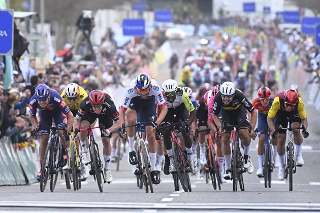 2025 Volta Algarve cycling race - Stage 3 TAVIRA, PORTUGAL - FEBRUARY 21 : Meeus Jordi (BEL) of Red Bull - Bora - Hansgrohe wins, Dainese Alberto (ITA) of Tudor Pro Cycling Team, Girmay Biniam (ERI) of Intermarche - Wanty, De Lie Arnaud (BEL) of Lotto Cycling Team, Van Uden Casper (NED) of Team Picnic PostNL, Fretin Milan (FRA) of Cofidis during stage 3 of the 51th edition of the Volta Algarve cycling race, with start in Vila Real Santo Antonio and finish in Tavira on February 21, 2025 in Tavira, Portugal, 21 02 2025 ( Motordriver Kenny Verfaillie - Tavira Portugal  Copyright: xTomasxSiskx