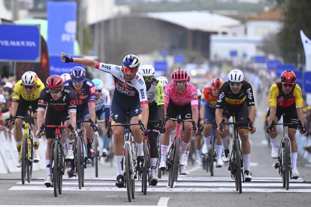 2025 Volta Algarve cycling race - Stage 3 TAVIRA, PORTUGAL - FEBRUARY 21 : Meeus Jordi (BEL) of Red Bull - Bora - Hansgrohe wins, Dainese Alberto (ITA) of Tudor Pro Cycling Team, Girmay Biniam (ERI) of Intermarche - Wanty, De Lie Arnaud (BEL) of Lotto Cycling Team, Van Uden Casper (NED) of Team Picnic PostNL, Fretin Milan (FRA) of Cofidis during stage 3 of the 51th edition of the Volta Algarve cycling race, with start in Vila Real Santo Antonio and finish in Tavira on February 21, 2025 in Tavira, Portugal, 21 02 2025 ( Motordriver Kenny Verfaillie - Tavira Portugal  Copyright: xTomasxSiskx