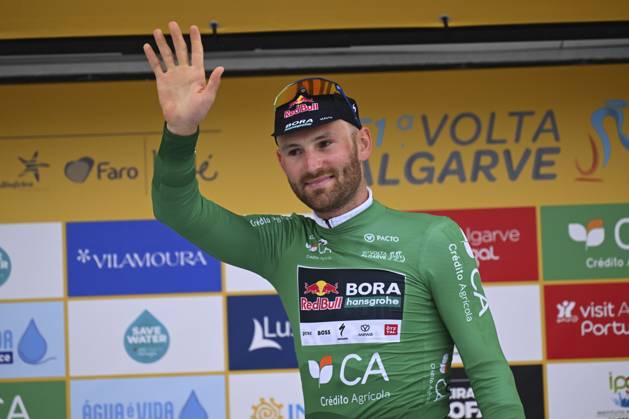 2025 Volta Algarve cycling race - Stage 3 TAVIRA, PORTUGAL - FEBRUARY 21 : Meeus Jordi (BEL) of Red Bull - Bora - Hansgrohe pictured with the green jersey during the podium ceremony of stage 3 of the 51th edition of the Volta Algarve cycling race, with start in Vila Real Santo Antonio and finish in Tavira on February 21, 2025 in Tavira, Portugal, 21 02 2025 ( Motordriver Kenny Verfaillie - Tavira Portugal Copyright: xTomasxSiskx