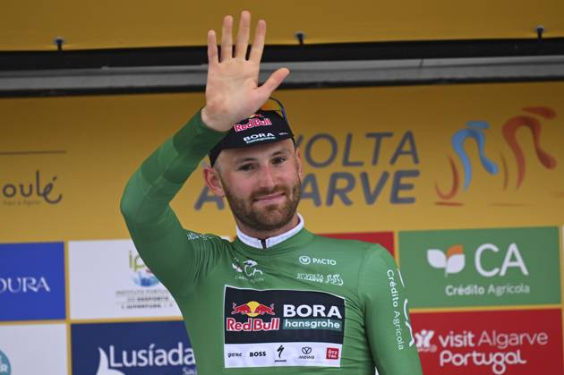 2025 Volta Algarve cycling race - Stage 3 TAVIRA, PORTUGAL - FEBRUARY 21 : Meeus Jordi (BEL) of Red Bull - Bora - Hansgrohe pictured with the green jersey during the podium ceremony of stage 3 of the 51th edition of the Volta Algarve cycling race, with start in Vila Real Santo Antonio and finish in Tavira on February 21, 2025 in Tavira, Portugal, 21 02 2025 ( Motordriver Kenny Verfaillie - Tavira Portugal Copyright: xTomasxSiskx
