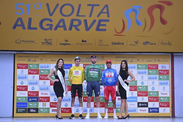2025 Volta Algarve cycling race - Stage 3 TAVIRA, PORTUGAL - FEBRUARY 21 : Christen Jan (SUI) of UAE Team Emirates, Meeus Jordi (BEL) of Red Bull - Bora - Hansgrohe and Tivani Nicolas (BEL) of Aviludo-Louletano-Loule pictured during the podium ceremony of stage 3 of the 51th edition of the Volta Algarve cycling race, with start in Vila Real Santo Antonio and finish in Tavira on February 21, 2025 in Tavira, Portugal, 21 02 2025 ( Motordriver Kenny Verfaillie - Tavira Portugal Copyright: xTomasxSiskx
