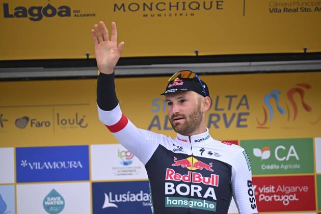 2025 Volta Algarve cycling race - Stage 3 TAVIRA, PORTUGAL - FEBRUARY 21 : Meeus Jordi (BEL) of Red Bull - Bora - Hansgrohe pictured during the podium ceremony of stage 3 of the 51th edition of the Volta Algarve cycling race, with start in Vila Real Santo Antonio and finish in Tavira on February 21, 2025 in Tavira, Portugal, 21 02 2025 ( Motordriver Kenny Verfaillie - Tavira Portugal Copyright: xTomasxSiskx