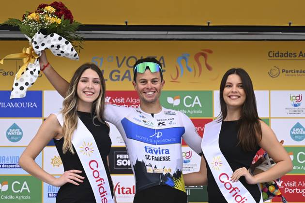 2025 Volta Algarve cycling race - Stage 3 TAVIRA, PORTUGAL - FEBRUARY 21 : Salgueiro Carlos (POR) of AP Hotels & Resorts Tavira SC Farense pictured with the combative prize during the podium ceremony of stage 3 of the 51th edition of the Volta Algarve cycling race, with start in Vila Real Santo Antonio and finish in Tavira on February 21, 2025 in Tavira, Portugal, 21 02 2025 ( Motordriver Kenny Verfaillie - Tavira Portugal Copyright: xTomasxSiskx