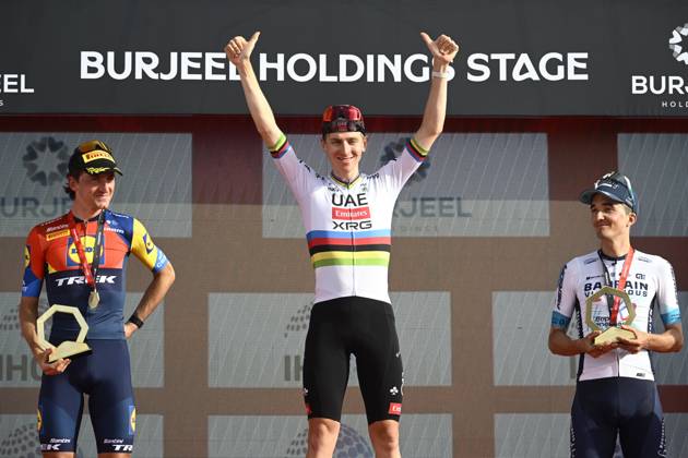 Bilder des Jahres 2025, Sport 02 Februar Sport Themen der Woche KW08 Sport Bilder des Tages UAE Tour 2025 - Stage 7 AL AID, UNITED ARAB EMIRATES - FEBRUARY 23 : Ciccone Giulio (ITA) of Lidl-Trek, Pogacar Tadej (SLO) of UAE Team Emirates and Bilbao Lopez de Armentia Pello (ESP) of Bahrain Victorious pictured during the podium ceremony of Stage 7 of the UAE Tour 2025 cycling race with start in Al Ain Hazza Bin Zayed Stadium and finish in Jebel Hafeet (176 km) on February 23, 2025 in Al Aid, United Arab Emirates, 23 02 2025 Al Aid United Arab Emirates  Copyright: xPeterxDexVoechtx