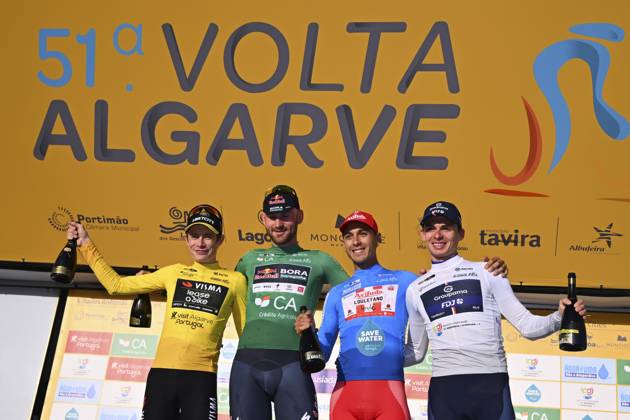2025 Volta Algarve cycling race - Stage 5 MALHAO, PORTUGAL - FEBRUARY 23 : Vingegaard Jonas (DEN) of Team Visma I Lease a Bike, Meeus Jordi (BEL) of Red Bull - Bora - Hansgrohe, Tivani Nicolas (BEL) of Aviludo-Louletano-Loule, Gregoire Romain (FRA) of Groupama-FDJ pictured during the podium ceremony of stage 5, an individual time trial, of the 51th edition of the Volta Algarve cycling race, with start in Salir and finish in Malhao on February 23, 2025 in Malhao, Portugal, 23 02 2025 ( Motordriver Kenny Verfaillie - Malhao Portugal Copyright: xTomasxSiskx