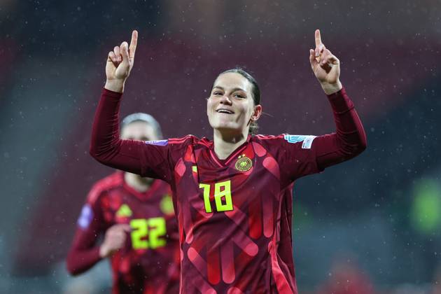Fußball UEFA Nations League Damen Nationalmannschaft Länderspiel Deutschland - Österreich am 25.02.2025 im Max-Morlock-Stadion in Nürnberg Torjubel Jubel zum 3:1 durch Giovanna Hoffmann ( Deutschland ) DFB regulations prohibit any use of photographs as image sequences and or quasi-video.