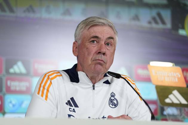 February 25, 2025, Valdebebas, Madrid, SPAIN: Carlo Ancelotti attends his press conference, PK, Pressekonferenz during the training day of Real Madrid ahead the Spanish Cup, Copa del Rey, football match against Real Sociedad at Ciudad Deportiva Real Madrid on February 25, 2024, in Valdebebas, Madrid, Spain. Valdebebas SPAIN - ZUMArain 20250225_zaa_a181_035 Copyright: xOscarxJ.xBarrosox