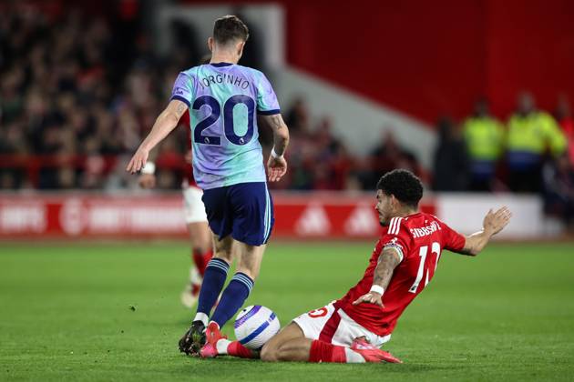 Premier League Nottingham Forest v Arsenal Jorginho of Arsenal is tackled by Morgan Gibbs-White of Nottingham Forest during the Premier League match Nottingham Forest vs Arsenal at City Ground, Nottingham, United Kingdom, 26th February 2025 (Photo by Alfie Cosgrove News Images) Nottingham City Ground Nottinghamshire United Kingdom Copyright: xAlfiexCosgrove NewsxImagesx