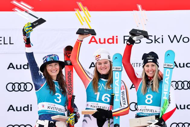 World Cup Alpine Kvitfjell Womens Downhill Kvitfjell 20250301 Lauren Macuga from USA solv f v , Emma Aicher from Germany gold and Cornelia Huetter from Austria bronze after FIS World Cup Alpine Womens Downhill in Kvitfjell Photo Geir Olsen NTB Kvitfjell Norway EDITORIAL USE ONLY RESTRICTED USE FOR BETTING COMPANIES  Copyright: xGeirxOlsenx xNTBx