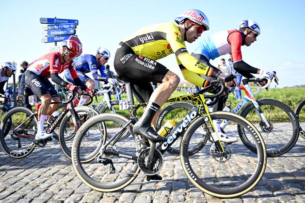 Belgian Wout van Aert pictured in action during the men s one-day cycling race Omloop Het Nieuwsblad (UCI World Tour), 197 km from Gent to Ninove, Saturday 01 March 2025. JASPERxJACOBS x113841828x