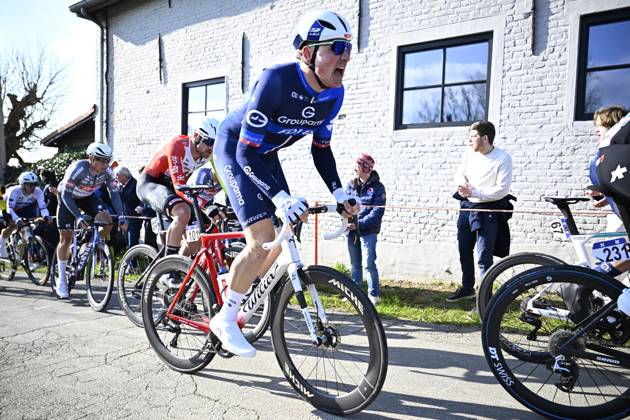 Swiss Stefan Kung of Groupama-FDJ pictured in action during the men s one-day cycling race Omloop Het Nieuwsblad (UCI World Tour), 197 km from Gent to Ninove, Saturday 01 March 2025. JASPERxJACOBS x113843006x