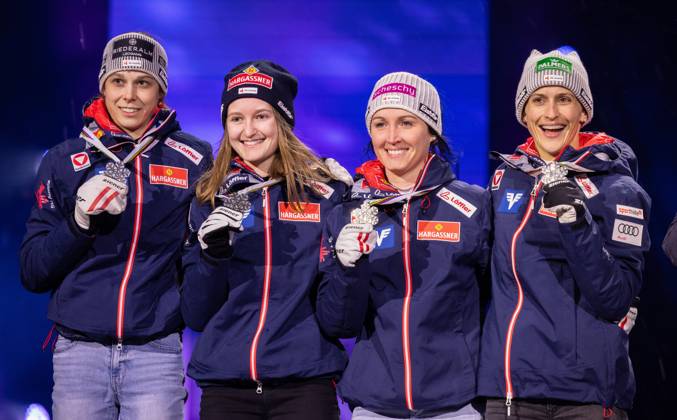 NORDIC SKIING - FIS Nordic WC Trondheim 2025 TRONDHEIM,NORWAY,02.MAR.25 - NORDIC SKIING, Ski jumping, Skispringen, Ski, nordisch - FIS Nordic World Ski Championships, normal hill, team, ladies, medal plaza, award ceremony. Image shows Lisa Eder, Julia Muehlbacher, Jacqueline Seifriedsberger and Eva Pinkelnig (AUT). Keywords: medals. GEPAxpictures xHaraldxSteiner