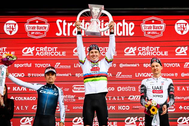 Bilder des Jahres 2025, Sport 03 März Sport Themen der Woche KW10 Sport Bilder des Tages British Thomas Pidcock of Q36.5 Pro Cycling Team, Slovenian Tadej Pogacar of UAE Team Emirates and Belgian Tim Wellens of UAE Team Emirates pictured on the podium after the men elite Strade Bianche one day cycling race, 213km from and to Siena, Italy on Saturday 08 March 2025. DIRKxWAEM  x114506677x