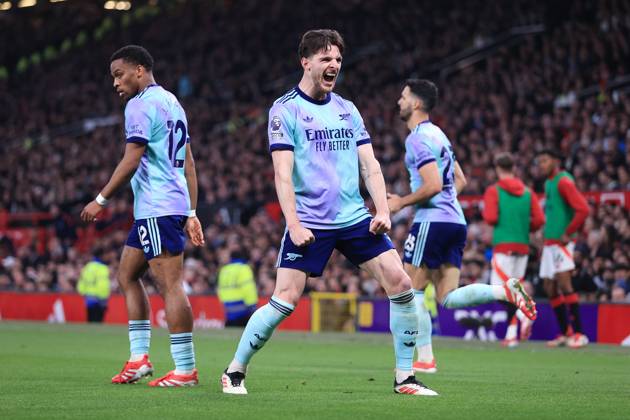 Manchester United, ManU FC v Arsenal FC - Premier League MANCHESTER, ENGLAND - MARCH 9: Declan Rice of Arsenal celebrates after scoring their 1st goal during the Premier League match between Manchester United FC and Arsenal FC at Old Trafford on March 9, 2025 in Manchester, England. (Photo by Simon Stacpoole Offside Offside via Getty Images) Manchester England United Kingdom Copyright: xSimonxStacpoole OffsidexOffside 776173146