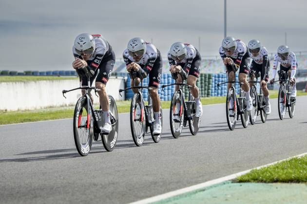 UAE Team Emirates riders pictured during the warming up ahead of stage three of the 83th edition of the Paris-Nice cycling race, a 28,4km team time trial at the Nevers Magny-Cours racetrack, in Nevers, France, Tuesday 11 March 2025. DAVIDxPINTENS  x114676044x