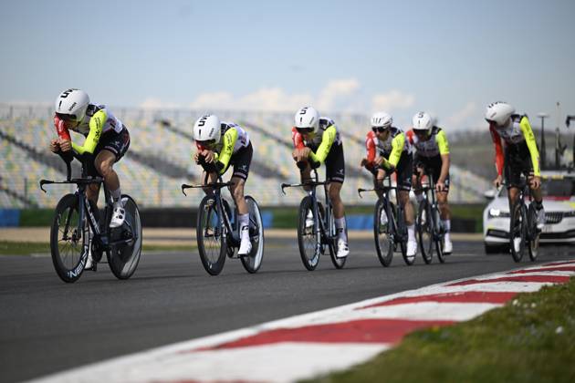 Paris - Nice 2025 - stage 3 NEVERS, FRANCE - MARCH 11 : training team Intermarche - Wanty during stage 3 of the 83th edition of the Paris - Nice cycling race, a team time-trail stage of 28,4km with start on the Circuit Magny-Cours and finish in Nevers on March 11, 2025 in Nevers, France, 11 03 2025 ( Motordriver Kenny Verfaillie - Nevers France  Copyright: xNicoxVereeckenx
