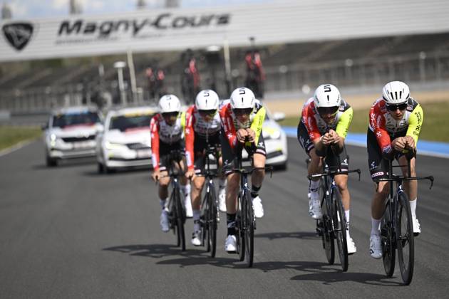 Paris - Nice 2025 - stage 3 NEVERS, FRANCE - MARCH 11 : training team Intermarche - Wanty during stage 3 of the 83th edition of the Paris - Nice cycling race, a team time-trail stage of 28,4km with start on the Circuit Magny-Cours and finish in Nevers on March 11, 2025 in Nevers, France, 11 03 2025 ( Motordriver Kenny Verfaillie - Nevers France  Copyright: xNicoxVereeckenx