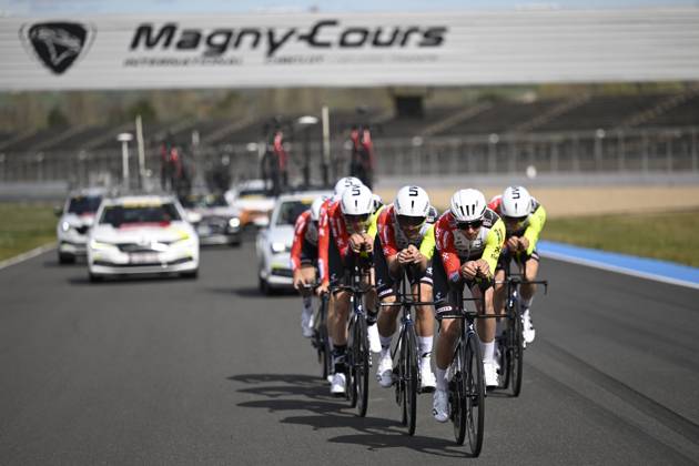 Paris - Nice 2025 - stage 3 NEVERS, FRANCE - MARCH 11 : training team Intermarche - Wanty during stage 3 of the 83th edition of the Paris - Nice cycling race, a team time-trail stage of 28,4km with start on the Circuit Magny-Cours and finish in Nevers on March 11, 2025 in Nevers, France, 11 03 2025 ( Motordriver Kenny Verfaillie - Nevers France  Copyright: xNicoxVereeckenx