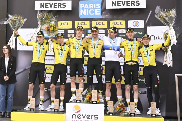 Paris - Nice 2025 - stage 3 NEVERS, FRANCE - MARCH 11 : Jorgenson Matteo (USA) of Team Visma Lease A Bike, Affini Edoardo (ITA) of Team Visma Lease A Bike, Campenaerts Victor (BEL) of Team Visma Lease A Bike, Hagenes Per Strand (NOR) of Team Visma Lease A Bike, Lemmen Bart (NED) of Team Visma Lease A Bike, Vingegaard Jonas (DEN) of Team Visma Lease A Bike, Zingle Axel (FRA) of Team Visma Lease A Bike pictured during the podium ceremony of stage 3 of the 83th edition of the Paris - Nice cycling race, a team time-trail stage of 28,4km with start on the Circuit Magny-Cours and finish in Nevers on March 11, 2025 in Nevers, France, 11 03 2025 ( Motordriver Kenny Verfaillie - Nevers France Copyright: xNicoxVereeckenx