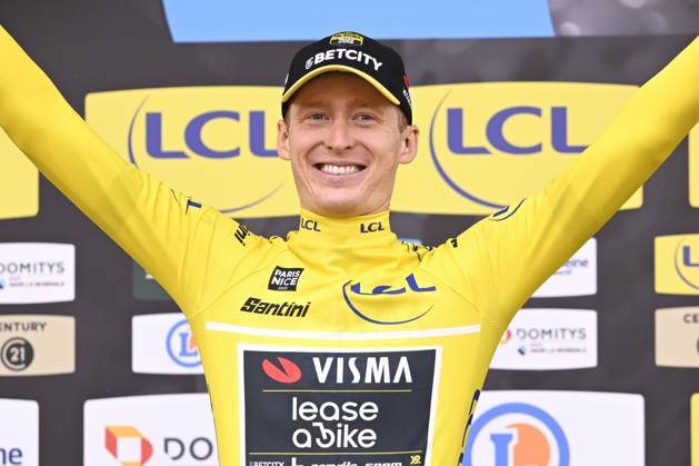 Paris - Nice 2025 - stage 3 NEVERS, FRANCE - MARCH 11 : Jorgenson Matteo (USA) of Team Visma Lease A Bike pictured with the yellow jersey during the podium ceremony of stage 3 of the 83th edition of the Paris - Nice cycling race, a team time-trail stage of 28,4km with start on the Circuit Magny-Cours and finish in Nevers on March 11, 2025 in Nevers, France, 11 03 2025 ( Motordriver Kenny Verfaillie - Nevers France Copyright: xNicoxVereeckenx