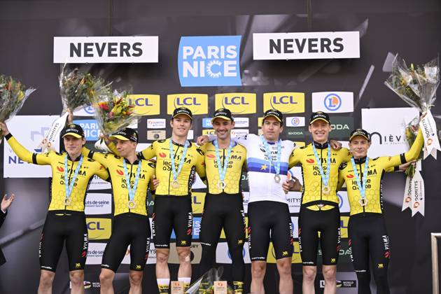 Paris - Nice 2025 - stage 3 NEVERS, FRANCE - MARCH 11 : Jorgenson Matteo (USA) of Team Visma Lease A Bike, Affini Edoardo (ITA) of Team Visma Lease A Bike, Campenaerts Victor (BEL) of Team Visma Lease A Bike, Hagenes Per Strand (NOR) of Team Visma Lease A Bike, Lemmen Bart (NED) of Team Visma Lease A Bike, Vingegaard Jonas (DEN) of Team Visma Lease A Bike, Zingle Axel (FRA) of Team Visma Lease A Bike pictured during the podium ceremony of stage 3 of the 83th edition of the Paris - Nice cycling race, a team time-trail stage of 28,4km with start on the Circuit Magny-Cours and finish in Nevers on March 11, 2025 in Nevers, France, 11 03 2025 ( Motordriver Kenny Verfaillie - Nevers France Copyright: xNicoxVereeckenx