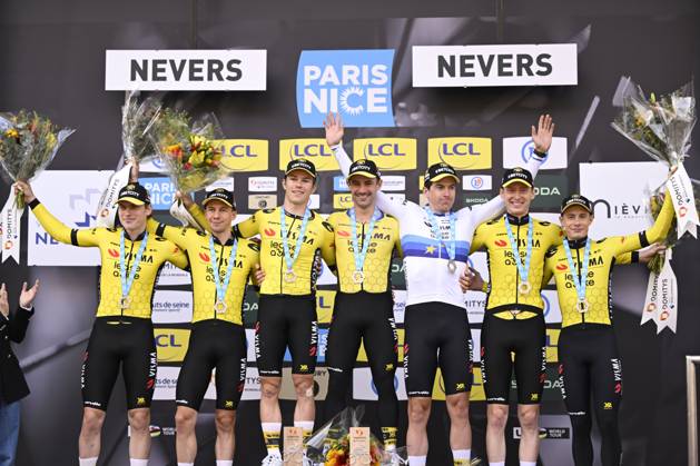 Paris - Nice 2025 - stage 3 NEVERS, FRANCE - MARCH 11 : Jorgenson Matteo (USA) of Team Visma Lease A Bike, Affini Edoardo (ITA) of Team Visma Lease A Bike, Campenaerts Victor (BEL) of Team Visma Lease A Bike, Hagenes Per Strand (NOR) of Team Visma Lease A Bike, Lemmen Bart (NED) of Team Visma Lease A Bike, Vingegaard Jonas (DEN) of Team Visma Lease A Bike, Zingle Axel (FRA) of Team Visma Lease A Bike pictured during the podium ceremony of stage 3 of the 83th edition of the Paris - Nice cycling race, a team time-trail stage of 28,4km with start on the Circuit Magny-Cours and finish in Nevers on March 11, 2025 in Nevers, France, 11 03 2025 ( Motordriver Kenny Verfaillie - Nevers France Copyright: xNicoxVereeckenx