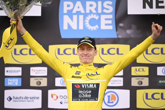 Paris - Nice 2025 - stage 3 NEVERS, FRANCE - MARCH 11 : Jorgenson Matteo (USA) of Team Visma Lease A Bike pictured with the yellow jersey during the podium ceremony of stage 3 of the 83th edition of the Paris - Nice cycling race, a team time-trail stage of 28,4km with start on the Circuit Magny-Cours and finish in Nevers on March 11, 2025 in Nevers, France, 11 03 2025 ( Motordriver Kenny Verfaillie - Nevers France Copyright: xNicoxVereeckenx