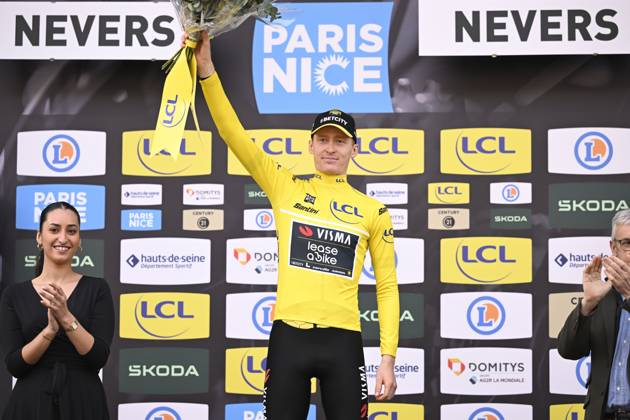 Paris - Nice 2025 - stage 3 NEVERS, FRANCE - MARCH 11 : Jorgenson Matteo (USA) of Team Visma Lease A Bike pictured with the yellow jersey during the podium ceremony of stage 3 of the 83th edition of the Paris - Nice cycling race, a team time-trail stage of 28,4km with start on the Circuit Magny-Cours and finish in Nevers on March 11, 2025 in Nevers, France, 11 03 2025 ( Motordriver Kenny Verfaillie - Nevers France Copyright: xNicoxVereeckenx