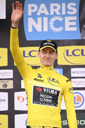 Paris - Nice 2025 - stage 3 NEVERS, FRANCE - MARCH 11 : Jorgenson Matteo (USA) of Team Visma Lease A Bike pictured with the yellow jersey during the podium ceremony of stage 3 of the 83th edition of the Paris - Nice cycling race, a team time-trail stage of 28,4km with start on the Circuit Magny-Cours and finish in Nevers on March 11, 2025 in Nevers, France, 11 03 2025 ( Motordriver Kenny Verfaillie - Nevers France Copyright: xNicoxVereeckenx