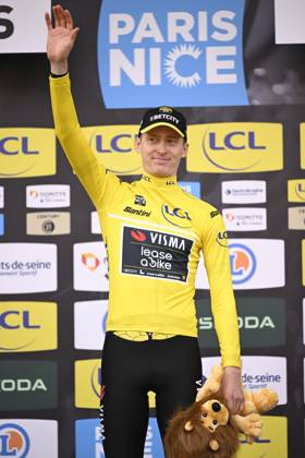 Paris - Nice 2025 - stage 3 NEVERS, FRANCE - MARCH 11 : Jorgenson Matteo (USA) of Team Visma Lease A Bike pictured with the yellow jersey during the podium ceremony of stage 3 of the 83th edition of the Paris - Nice cycling race, a team time-trail stage of 28,4km with start on the Circuit Magny-Cours and finish in Nevers on March 11, 2025 in Nevers, France, 11 03 2025 ( Motordriver Kenny Verfaillie - Nevers France Copyright: xNicoxVereeckenx