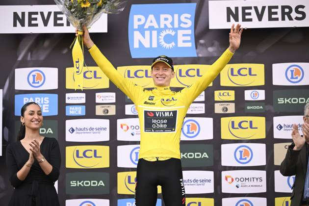 Paris - Nice 2025 - stage 3 NEVERS, FRANCE - MARCH 11 : Jorgenson Matteo (USA) of Team Visma Lease A Bike pictured with the yellow jersey during the podium ceremony of stage 3 of the 83th edition of the Paris - Nice cycling race, a team time-trail stage of 28,4km with start on the Circuit Magny-Cours and finish in Nevers on March 11, 2025 in Nevers, France, 11 03 2025 ( Motordriver Kenny Verfaillie - Nevers France Copyright: xNicoxVereeckenx