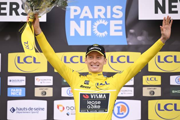 Paris - Nice 2025 - stage 3 NEVERS, FRANCE - MARCH 11 : Jorgenson Matteo (USA) of Team Visma Lease A Bike pictured with the yellow jersey during the podium ceremony of stage 3 of the 83th edition of the Paris - Nice cycling race, a team time-trail stage of 28,4km with start on the Circuit Magny-Cours and finish in Nevers on March 11, 2025 in Nevers, France, 11 03 2025 ( Motordriver Kenny Verfaillie - Nevers France Copyright: xNicoxVereeckenx