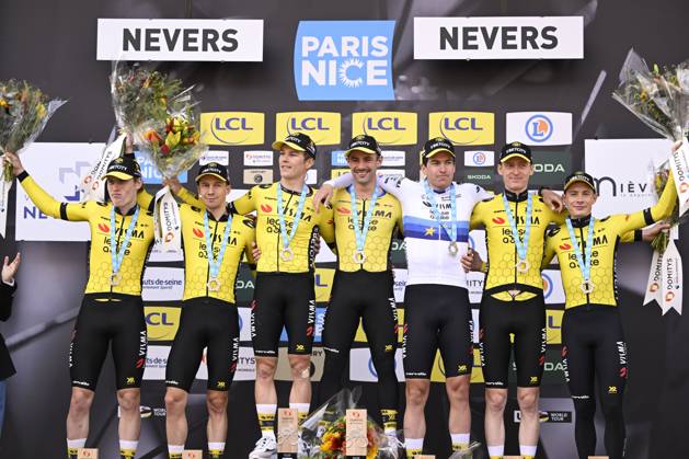 Paris - Nice 2025 - stage 3 NEVERS, FRANCE - MARCH 11 : Jorgenson Matteo (USA) of Team Visma Lease A Bike, Affini Edoardo (ITA) of Team Visma Lease A Bike, Campenaerts Victor (BEL) of Team Visma Lease A Bike, Hagenes Per Strand (NOR) of Team Visma Lease A Bike, Lemmen Bart (NED) of Team Visma Lease A Bike, Vingegaard Jonas (DEN) of Team Visma Lease A Bike, Zingle Axel (FRA) of Team Visma Lease A Bike pictured during the podium ceremony of stage 3 of the 83th edition of the Paris - Nice cycling race, a team time-trail stage of 28,4km with start on the Circuit Magny-Cours and finish in Nevers on March 11, 2025 in Nevers, France, 11 03 2025 ( Motordriver Kenny Verfaillie - Nevers France Copyright: xNicoxVereeckenx
