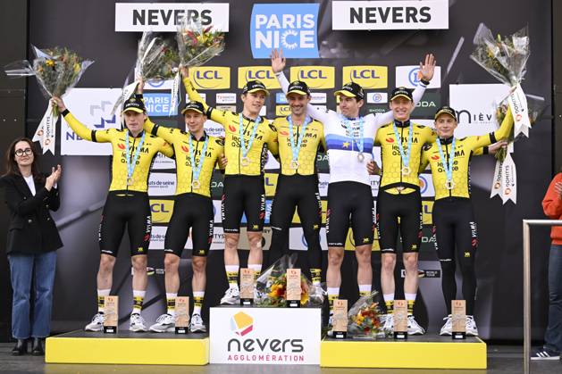 Paris - Nice 2025 - stage 3 NEVERS, FRANCE - MARCH 11 : Jorgenson Matteo (USA) of Team Visma Lease A Bike, Affini Edoardo (ITA) of Team Visma Lease A Bike, Campenaerts Victor (BEL) of Team Visma Lease A Bike, Hagenes Per Strand (NOR) of Team Visma Lease A Bike, Lemmen Bart (NED) of Team Visma Lease A Bike, Vingegaard Jonas (DEN) of Team Visma Lease A Bike, Zingle Axel (FRA) of Team Visma Lease A Bike pictured during the podium ceremony of stage 3 of the 83th edition of the Paris - Nice cycling race, a team time-trail stage of 28,4km with start on the Circuit Magny-Cours and finish in Nevers on March 11, 2025 in Nevers, France, 11 03 2025 ( Motordriver Kenny Verfaillie - Nevers France Copyright: xNicoxVereeckenx