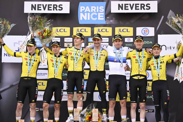 Paris - Nice 2025 - stage 3 NEVERS, FRANCE - MARCH 11 : Jorgenson Matteo (USA) of Team Visma Lease A Bike, Affini Edoardo (ITA) of Team Visma Lease A Bike, Campenaerts Victor (BEL) of Team Visma Lease A Bike, Hagenes Per Strand (NOR) of Team Visma Lease A Bike, Lemmen Bart (NED) of Team Visma Lease A Bike, Vingegaard Jonas (DEN) of Team Visma Lease A Bike, Zingle Axel (FRA) of Team Visma Lease A Bike pictured during the podium ceremony of stage 3 of the 83th edition of the Paris - Nice cycling race, a team time-trail stage of 28,4km with start on the Circuit Magny-Cours and finish in Nevers on March 11, 2025 in Nevers, France, 11 03 2025 ( Motordriver Kenny Verfaillie - Nevers France Copyright: xNicoxVereeckenx
