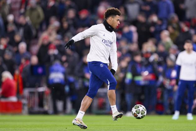 Liverpool FC v Paris Saint-Germain - UEFA Champions League 2024 25 Round of 16 Second Leg LIVERPOOL, ENGLAND - MARCH 11: Desire Doue of Paris Saint Germain warming up prior to the UEFA Champions League 2024 25 Round of 16 Second Leg match between Liverpool FC and Paris Saint-Germain at Anfield on March 11, 2025 in Liverpool, England. LiverpoolUnited Kingdom Copyright: xRichardxCallisx