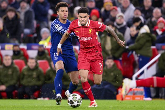 Liverpool FC v Paris Saint-Germain - UEFA Champions League 2024 25 Round of 16 Second Leg LIVERPOOL, ENGLAND - MARCH 11: Luis Dias of Liverpool (R) is chased by Desire Doue of Paris Saint Germain (L) during the UEFA Champions League 2024 25 Round of 16 Second Leg match between Liverpool FC and Paris Saint-Germain at Anfield on March 11, 2025 in Liverpool, England. LiverpoolUnited Kingdom Copyright: xRichardxCallisx