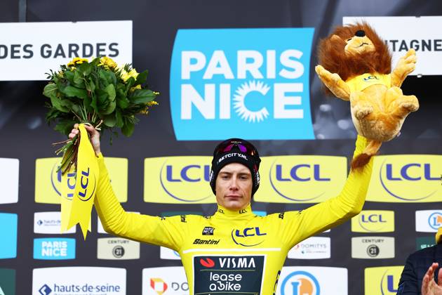 Danish Jonas Vingegaard Hansen of Team Visma-Lease a Bike celebrates on the podium in the yellow jersey of leader in the overall ranking after stage four of the 83th edition of the Paris-Nice cycling race, 163,4km from Vichy to La Loge des Gardes, France, Wednesday 12 March 2025. DAVIDxPINTENS x114782077x