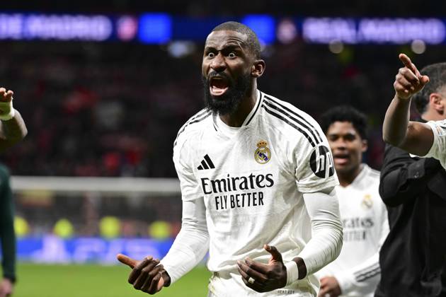 Bilder des Jahres 2025, Sport 03 März Sport Themen der Woche KW11 Sport Bilder des Tages Antonio Ruediger 22 ( Madrid ) feiert den Sieg, Atletico Madrid vs. Real Madrid , Fussball, Champions League, Achtelfinale Rueckspiel, 12.03.2025 Madrid Madrid Spanien