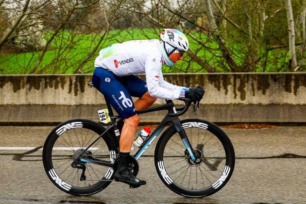 French Thomas Gachignard of TotalEnergies pictured in action during stage six of the 83th edition of the Paris-Nice cycling race, 209,8 km from Saint-Julien-en-Saint-Alban to Berre l Etang, France, Friday 14 March 2025. DAVIDxPINTENS x114929041x