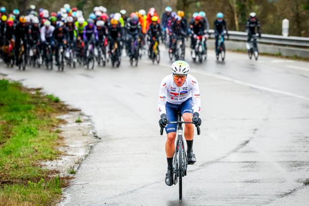 French Thomas Gachignard of TotalEnergies pictured in action during stage six of the 83th edition of the Paris-Nice cycling race, 209,8 km from Saint-Julien-en-Saint-Alban to Berre l Etang, France, Friday 14 March 2025. DAVIDxPINTENS x114929103x
