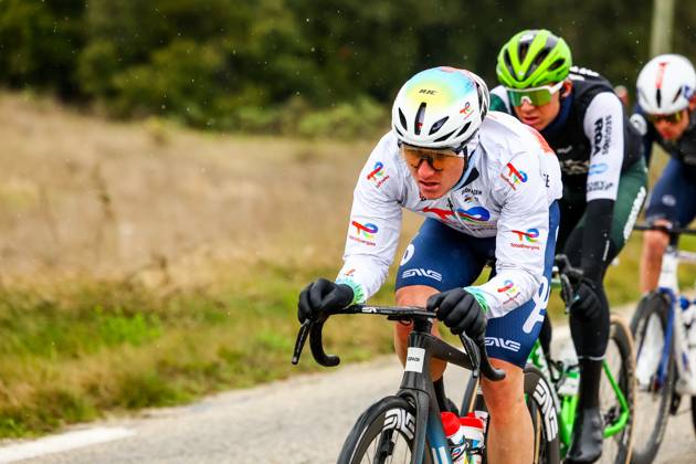 French Thomas Gachignard of TotalEnergies pictured in action during stage six of the 83th edition of the Paris-Nice cycling race, 209,8 km from Saint-Julien-en-Saint-Alban to Berre l Etang, France, Friday 14 March 2025. DAVIDxPINTENS x114933180x