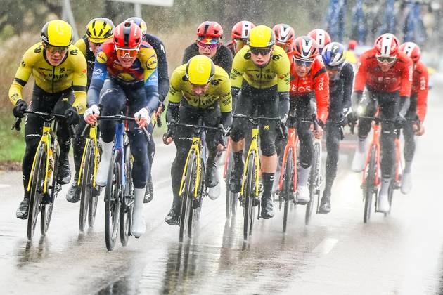 Danish Mads Pedersen of Lidl-Trek and Belgian Victor Campenaerts of Team Visma-Lease a Bike pictured in action during stage six of the 83th edition of the Paris-Nice cycling race, 209,8 km from Saint-Julien-en-Saint-Alban to Berre l Etang, France, Friday 14 March 2025. DAVIDxPINTENS x114939019x