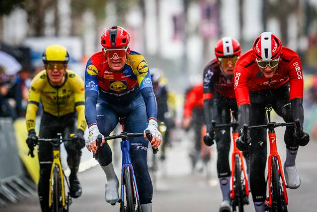 Danish Mads Pedersen of Lidl-Trek and British Michael Joshua Tarling of Ineos Grenadiers sprint to the finish of stage six of the 83th edition of the Paris-Nice cycling race, 209,8 km from Saint-Julien-en-Saint-Alban to Berre l Etang, France, Friday 14 March 2025. DAVIDxPINTENS x114939217x