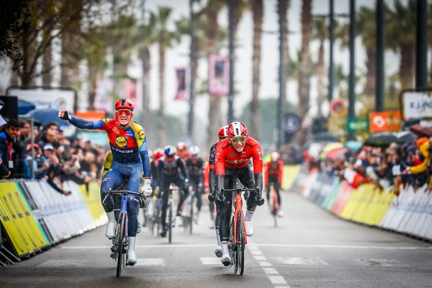 Danish Mads Pedersen of Lidl-Trek and British Michael Joshua Tarling of Ineos Grenadiers sprint to the finish of stage six of the 83th edition of the Paris-Nice cycling race, 209,8 km from Saint-Julien-en-Saint-Alban to Berre l Etang, France, Friday 14 March 2025. DAVIDxPINTENS x114939267x
