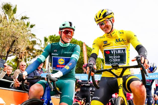 Danish Mads Pedersen of Lidl-Trek and American Matteo Jorgenson of Team Visma-Lease a Bike pictured at the start of stage seven of the 83th edition of the Paris-Nice cycling race, 147,8 km from Nice to Auron, France, Saturday 15 March 2025. DAVIDxPINTENS x114997743x