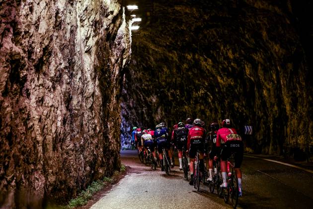 The breakaway group pictured during stage seven of the 83th edition of the Paris-Nice cycling race, 147,8 km from Nice to Auron, France, Saturday 15 March 2025. DAVIDxPINTENS x115001939x